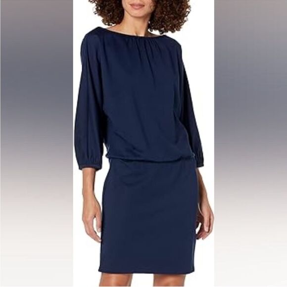 NWT Trina Turk Navy Bateau Neck Dolman Sleeves Blouson Waist Stretch Bela Dress - Picture 1 of 8